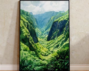 Halawa Valley Watercolor Poster, Molokai Hawaii Print, Tropical Travel Decor