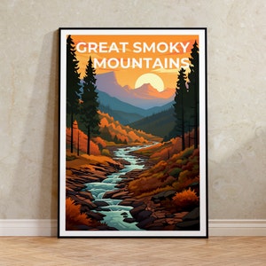 Póster de viaje de las Grandes Montañas Humeantes, arte mural de montaña, impresión de montaña, póster de las Grandes Montañas Humeantes, póster de montaña, póster de naturaleza