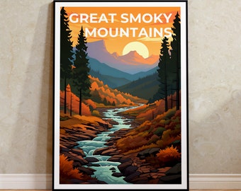 Pode incluir: Uma impressão artística emoldurada com uma paisagem estilizada das Great Smoky Mountains. A obra de arte retrata um rio serpenteando por um vale, com montanhas ao fundo e um pôr do sol. O texto "GREAT SMOKY MOUNTAINS" está no topo.