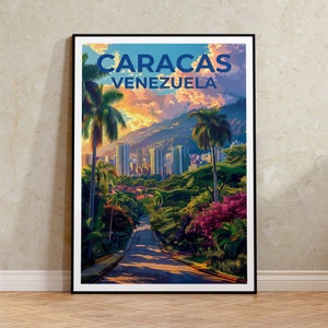 May include: A vintage travel poster with a blue and white text overlay that reads "CARACAS VENEZUELA". The poster features a scenic view of a city nestled in a lush green valley with a winding road leading up to the city.