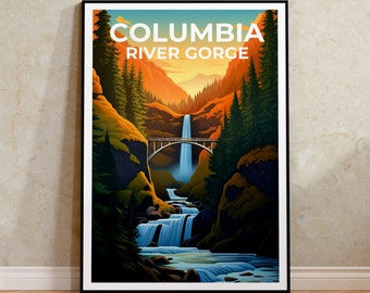 May include: A vintage travel poster featuring a scenic view of the Columbia River Gorge in Oregon. The poster features a waterfall cascading down a rocky cliff, with a bridge spanning the river below. The text "COLUMBIA RIVER GORGE" is printed in white letters on a blue background.