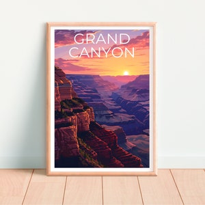 May include: A vintage-style poster featuring a scenic view of the Grand Canyon at sunset. The poster has the text "GRAND CANYON" in white letters against a pink and orange sky.