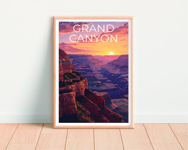 May include: A vintage-style poster featuring a scenic view of the Grand Canyon at sunset. The poster has the text "GRAND CANYON" in white letters against a pink and orange sky.