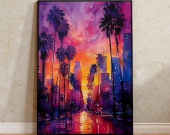 Los Angeles Skyline Watercolor Travel Poster, California Palm Trees Wall Art