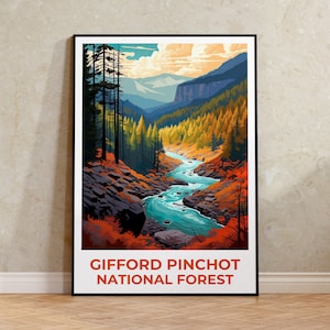 Póster de viaje del Bosque Nacional Gifford Pinchot, arte mural de Washington, impresión de Washington, póster del Bosque Nacional Gifford Pinchot, póster de naturaleza