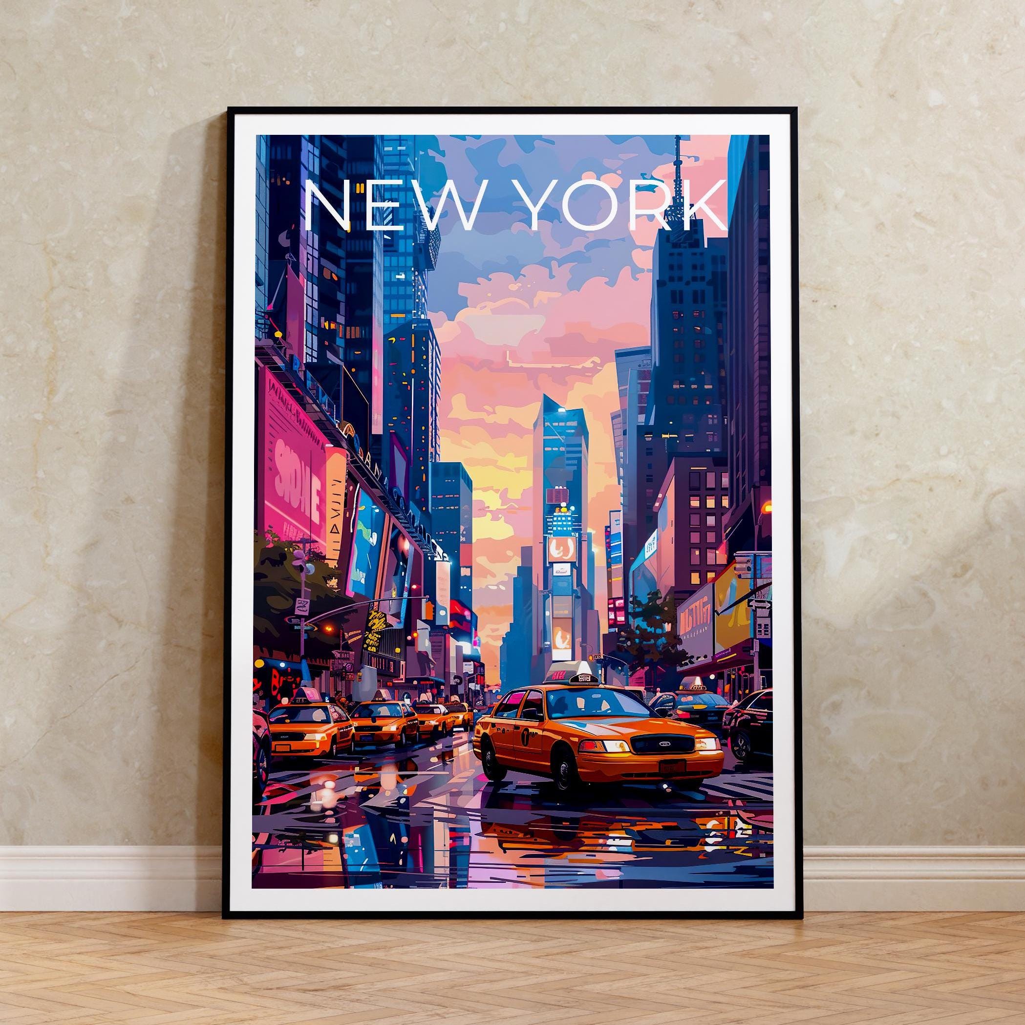 New York City Poster, Times Square Travel Print, Yellow Cab Art