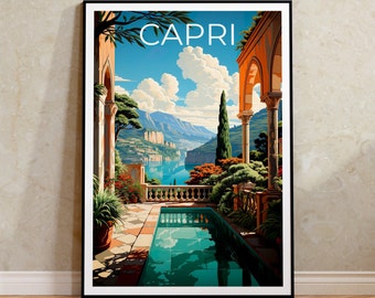 May include: A vintage travel poster with the word "CAPRI" in white text on a blue sky background. The poster depicts a view of a pool with a mountain range in the background. The pool is surrounded by a stone patio and lush greenery.