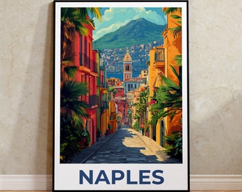 May include: A colorful illustration of a street scene in Naples, Italy. The street is lined with buildings and palm trees. The text "NAPLES" is printed in blue at the bottom of the image.
