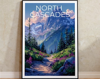 May include: A vintage-style poster with a scenic view of a mountain range with the text "NORTH CASCADES" in white lettering. The image features a lush green forest with a dirt path leading through it. The mountains are covered in snow and the sky is a light blue.