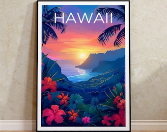 Puede incluir: Un póster colorido con la palabra "HAWAII" en texto blanco sobre un cielo de puesta de sol. El póster presenta un paisaje tropical con exuberante vegetación verde, un océano azul y una cordillera en la distancia.