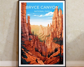 Könnte beinhalten: Eine farbenfrohe Illustration des Bryce Canyon Nationalparks in Utah. Das Bild zeigt einen Blick auf die berühmten Hoodoos des Canyons, die hohen, spitz zulaufenden Felsformationen sind. Der Himmel ist blau und die Sonne scheint. Der Text "Bryce Canyon National Park" ist oben auf dem Bild gedruckt.
