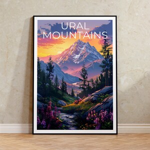 May include: A colorful poster with the text "URAL MOUNTAINS" in white letters against a purple sky. The poster depicts a mountain range with a stream flowing through a valley. The mountains are covered in trees and wildflowers.