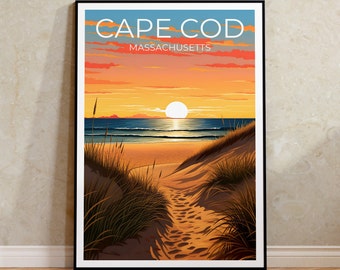 May include: A vintage travel poster with a sunset scene over a beach with a path leading to the ocean. The poster says "CAPE COD MASSACHUSETTS" in white text.