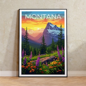 Póster de viaje de Montana, arte mural de Montana, impresión de Montana, póster de Montana, póster de montaña, póster de flores, arte de Montana