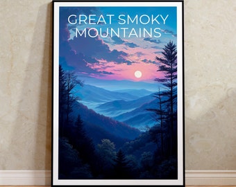Puede incluir: Un póster de estilo vintage con una puesta de sol azul y púrpura sobre una cordillera. El texto "GREAT SMOKY MOUNTAINS" está en la parte superior del póster.