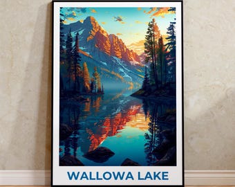 May include: A framed landscape art print featuring a mountain range reflected in a lake. The artwork showcases a vibrant sunset with orange and yellow hues illuminating the mountain peaks. The text "WALLOWA LAKE" is printed at the bottom.