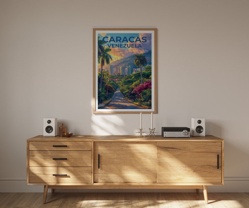 May include: A vintage travel poster with a photo of a street in Caracas, Venezuela. The poster has a blue, green, and yellow color scheme and the text "CARACAS VENEZUELA" in blue.