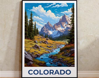 May include: A vintage-style poster featuring a scenic view of a mountain range in Colorado. The poster has a blue sky with white clouds, a river flowing through a valley, and green trees. The text "COLORADO" is printed in blue at the bottom of the poster.
