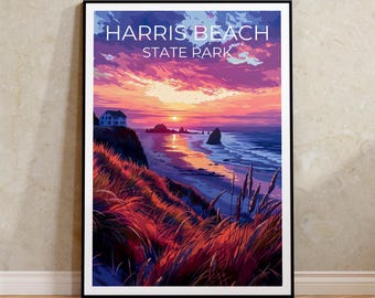 May include: A framed art print of Harris Beach State Park at sunset. The artwork depicts a vibrant coastal scene with a colorful sky, ocean, and grassy foreground. The text "HARRIS BEACH STATE PARK" is at the top.