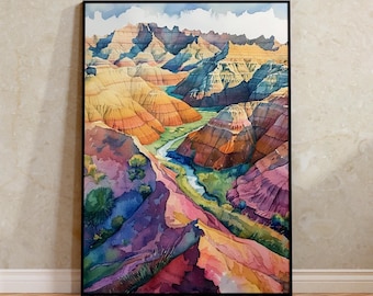 Badlands Watercolor Poster, National Park Keepsake, South Dakota Print