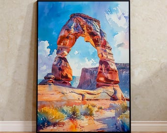 Delicate Arch Watercolor Poster, Arches National Park Wall Art, Utah Desert Travel Print