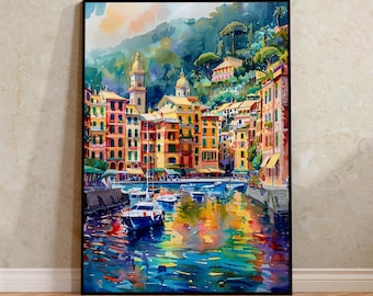 Portofino Italy Watercolor Poster, Italian Village Art, Mediterranean Coast Travel Print