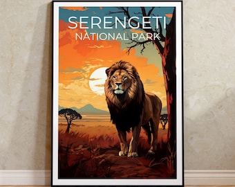 May include: A vintage travel poster featuring a lion in the Serengeti National Park. The poster has a sunset background with a large, orange sun and a silhouette of a tree in the background. The text "SERENGETI NATIONAL PARK" is printed in white at the top of the poster.
