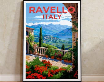 May include: A vintage travel poster featuring a scenic view of Ravello, Italy. The poster depicts a stone balcony overlooking a lush valley with a blue lake and mountains in the distance. The text "Ravello Italy" is printed in red at the top of the poster.
