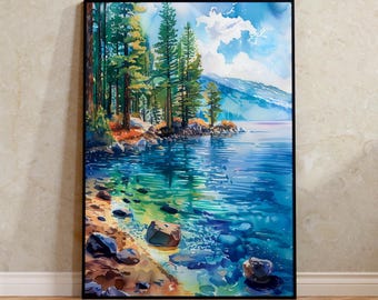 Lake Tahoe Poster, Watercolor Wall Art, Mountain Landscape Print