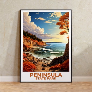 Póster de viaje del Parque Estatal de la Península, arte mural de Wisconsin, impresión de Wisconsin, póster del Parque Estatal de la Península, póster de Wisconsin