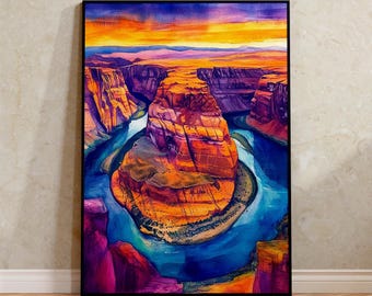 Horseshoe Bend Poster, Arizona Canyon Watercolor Wall Art, Southwest Travel Print