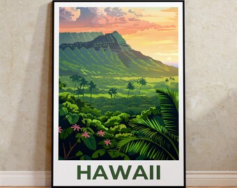 May include: A vintage travel poster featuring a scenic view of a lush green valley with palm trees and a mountain range in the background. The sky is a vibrant orange and pink, suggesting a sunset. The text "HAWAII" is printed in green at the bottom of the poster.