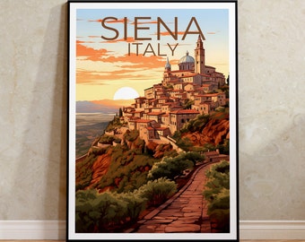 May include: A vintage travel poster featuring a sunset view of the city of Siena, Italy. The poster has the text "SIENA ITALY" in brown lettering at the top.