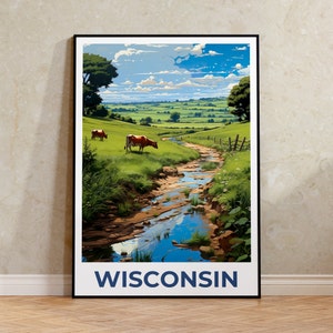 May include: A framed art print featuring a pastoral scene of Wisconsin. The artwork depicts a green landscape with a stream, cows, and a blue sky with clouds. The word "WISCONSIN" is printed in navy blue at the bottom.