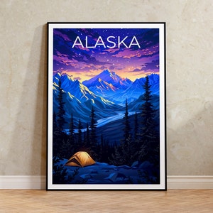 Poster dell'Alaska, stampa di viaggi in montagna, arte della natura selvaggia, illustrazione di campeggio, poster di paesaggi, arte murale panoramica, arredamento per la casa, regalo di compleanno