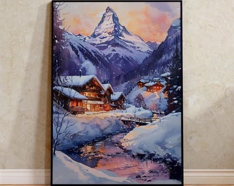 Matterhorn Watercolor Art Print - Swiss Mountain Landscape Poster - Zermatt Switzerland Print
