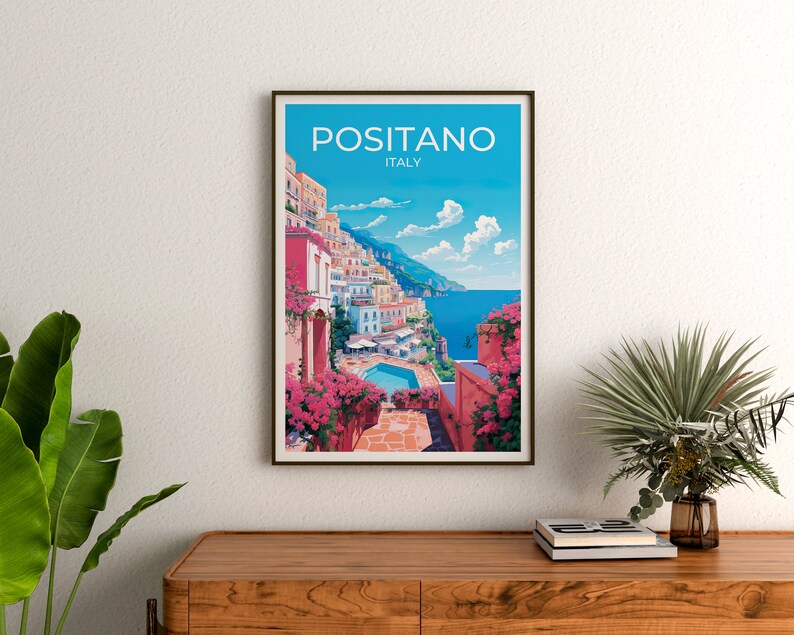 Może przedstawiać: Kolorowy plakat podr&oacute;żniczy z tekstem "Positano, Włochy" w białych literach. Plakat przedstawia żywą ilustrację nadmorskiego miasta z kolorowymi budynkami, basenem i błękitnym oceanem.