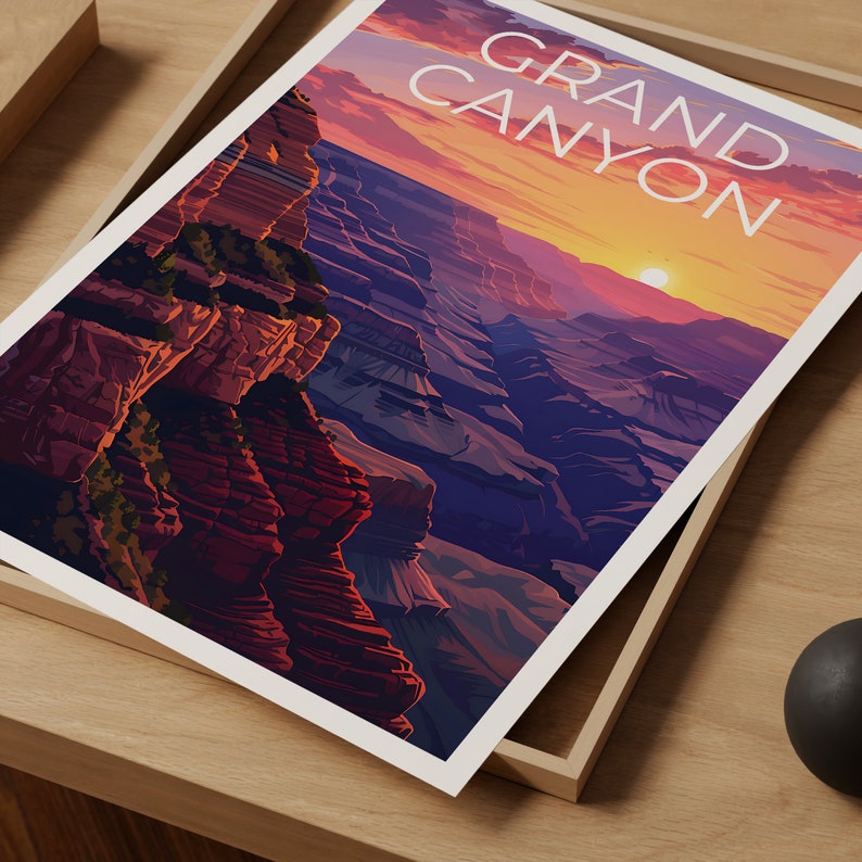 May include: A vintage travel poster featuring a scenic view of the Grand Canyon at sunset. The poster has a white background with the text "GRAND CANYON" in bold, white letters.