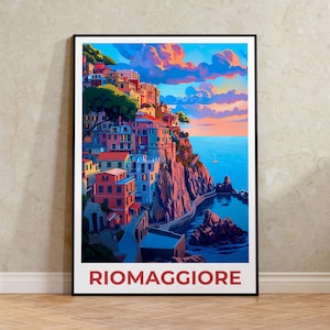 Cartel de viaje de Riomaggiore, arte de la pared de Italia, impresión de Italia, cartel de Riomaggiore, cartel de Italia, cartel de la ciudad, arte de Riomaggiore