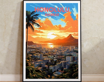 Reisposter Honolulu, kunst aan de muur Hawaï, print Hawaï, poster Honolulu, poster Hawaï-eilanden, poster stad, wanddecoratie