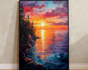 Lake Superior Watercolor Print, Great Lakes Nature Poster, Michigan Travel Art