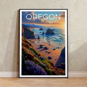Póster de viaje de Oregón, arte mural de la costa de Oregón, impresión de la costa de Oregón, póster de Oregón, póster de la costa de Oregón, póster de playa, arte de Oregón