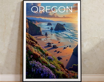 Oregon Travel Poster, Oregon Coast Wall Art, Oregon Coast Print, Oregon Poster, Oregon Coast Poster, Beach Poster, Oregon Art