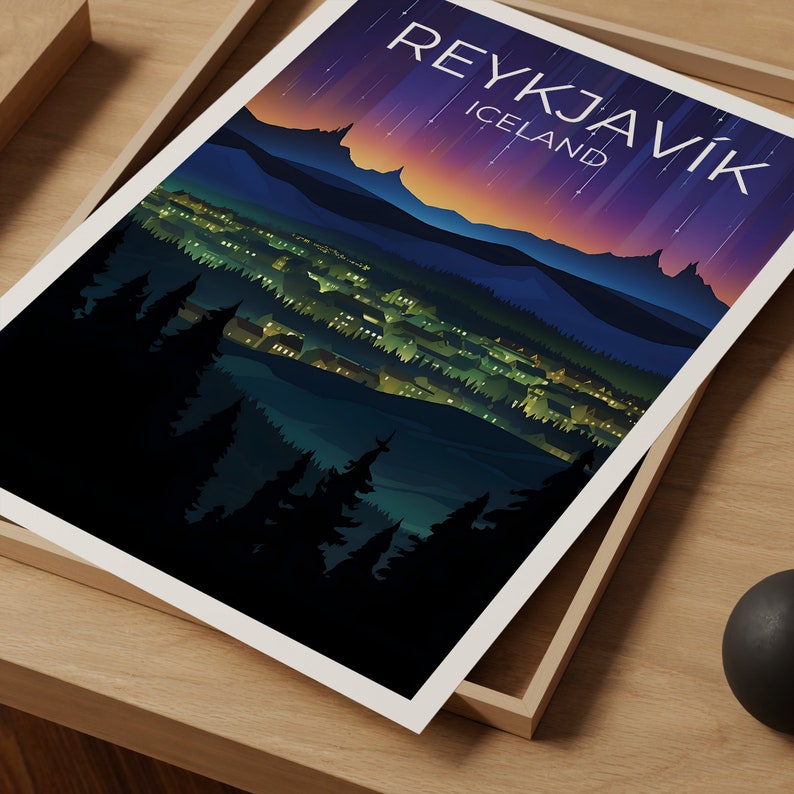 May include: A stylised illustration of the city of Reykjavik, Iceland, at night. The city is depicted as a cluster of buildings with lights, nestled in a valley surrounded by dark green trees. The sky is a vibrant purple with streaks of light, suggesting the aurora borealis.