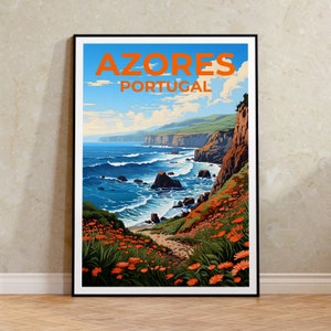 May include: A vintage travel poster featuring a scenic view of the Azores, Portugal. The poster features a blue ocean with white waves crashing against a rocky coastline. The text "AZORES PORTUGAL" is printed in orange at the top of the poster.