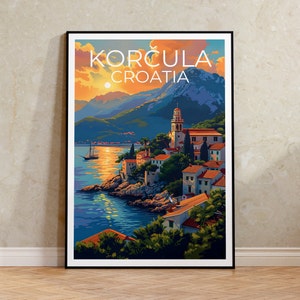 May include: A vintage travel poster featuring a colorful illustration of a town on the coast of Croatia. The poster has the text "KORČULA CROATIA" in white letters against a sunset sky.