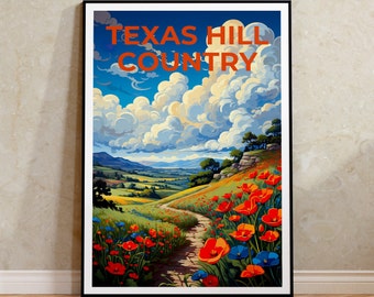 Póster de viaje de Texas, arte mural de Texas Hill Country, impresión de Texas Hill Country, póster de Texas, póster de Texas Hill Country, póster de flores