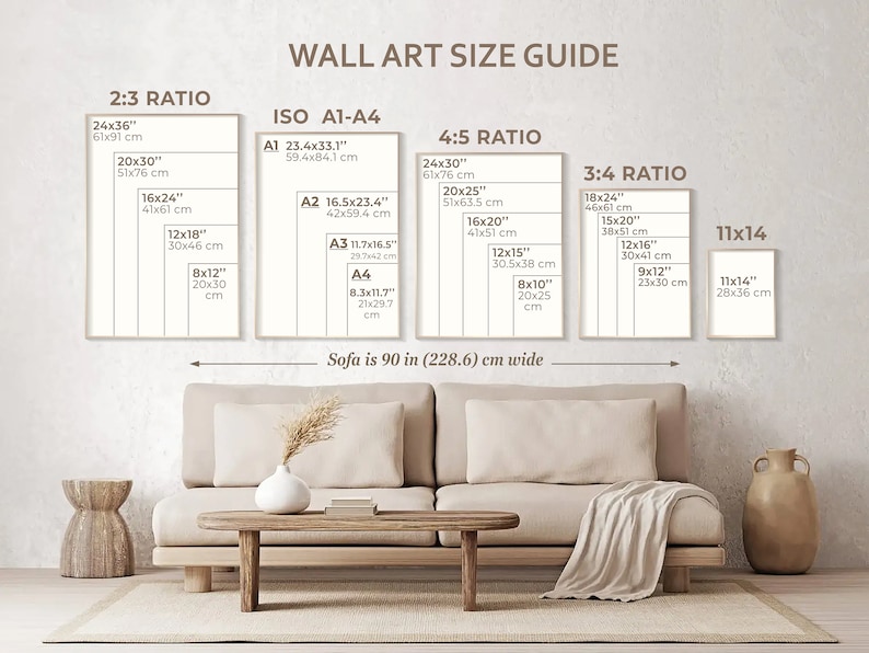 May include: A wall art size guide with different ratios and measurements in inches and centimeters. The guide shows the dimensions of various sizes of wall art, including 2:3, 4:5, 3:4, and 11x14 ratios. The guide also includes standard ISO paper sizes A1, A2, A3, and A4. The guide is displayed on a wall with a beige sofa and a coffee table in front of it.