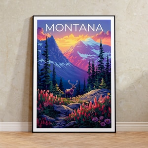 Montana Poster, Montana Druck, Wald Poster, Hirsch Druck, Montana Reiseplakat, Hirsch Poster, Montana Kunst
