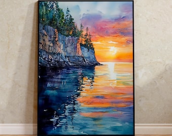 Lake Superior Watercolor Poster, Great Lakes Art, Boathouse Decor